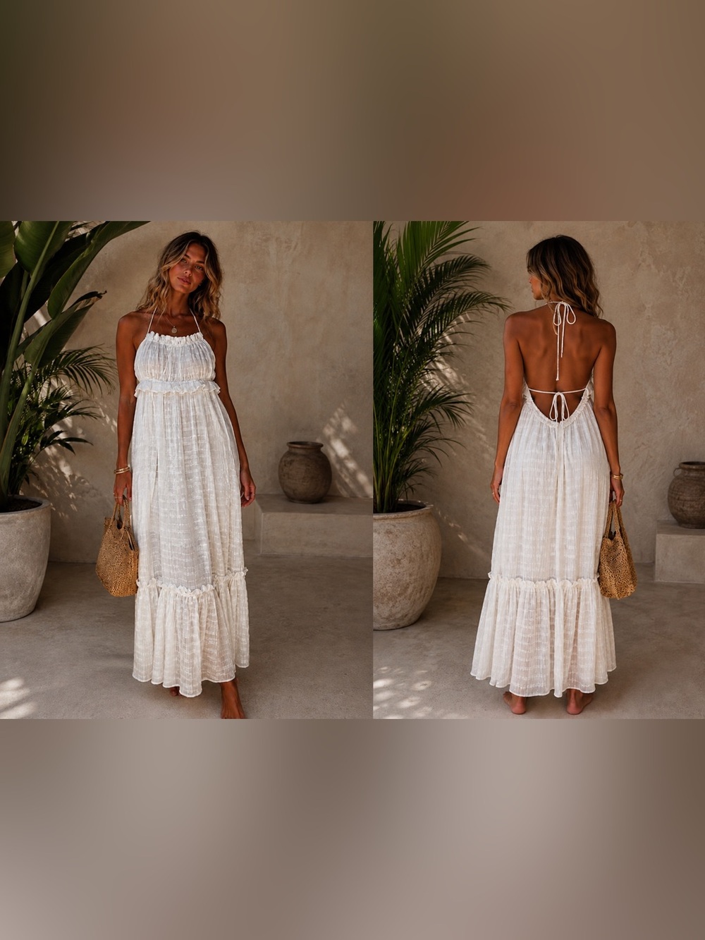 MAJORELLE Revolve  Sheer Textured Halter Maxi Dress Open Back Resort-wear Small